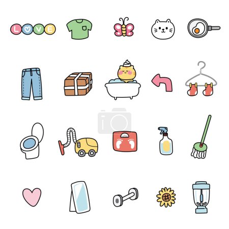 Téléchargez les illustrations : Set of cute icon of diary concept.Cat.Housework.Animal character cartoon design.Meow.Kawaii.Vector.Illustration. - en licence libre de droit