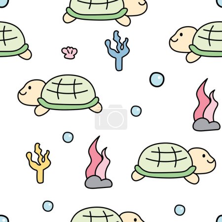 Téléchargez les illustrations : Seamless pattern of cute turtle with coral on white background.Sea and ocean concept.Animal character cartoon design.Baby clothing.Kawaii.Vector.Illustration. - en licence libre de droit