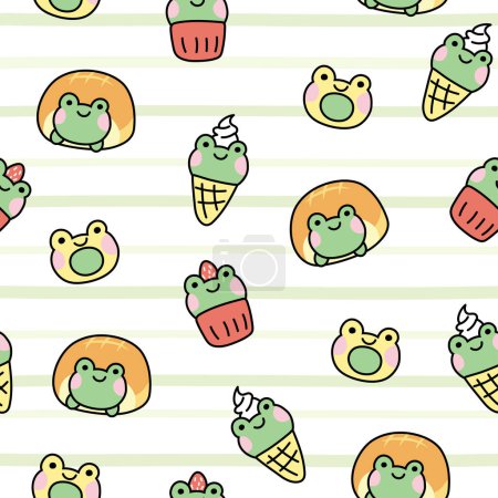 Téléchargez les illustrations : Seamless pattern of cute bakery in frog concept on white background.Food and animal design.Bread,cupcake,ice cream,cookies hand drawn.Baby clothing.Kawaii.Vector.Illustration. - en licence libre de droit