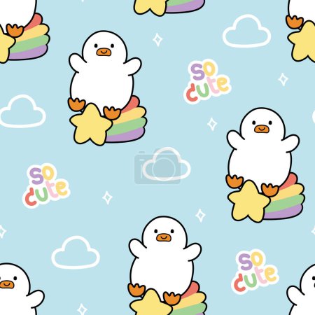 Illustration for Seamless pattern of cute duck sit on rainbow star on sky background.Farm animal character cartoon design.Image for card,poster,baby clothing.Kawii.Vector.Illustration. - Royalty Free Image