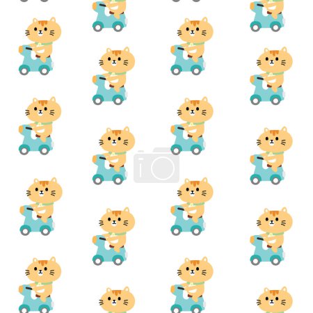 Ilustración de Seamless pattern of cute cat ride bike on white background.Pet animal character cartoon design.Image for card,poster,baby clothing.Meow lover.Kawaii.Vector.Illustration. - Imagen libre de derechos
