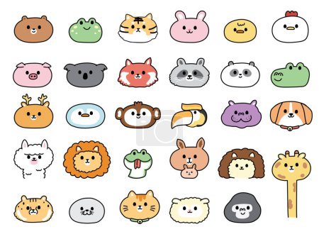 Illustration for Set of cute face animals hand drawn on white background.Zoo.Wild,farm,pet,bird head animal hand drawn collection.Isolated.Kawaii.Vector.Illustration. - Royalty Free Image