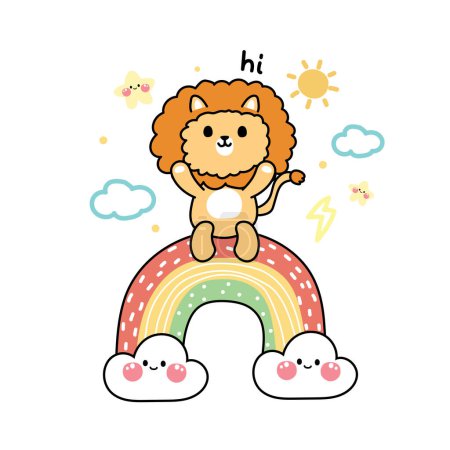 Ilustración de Lindo león se sientan en el arco iris con la nube y la estrella sobre fondo blanco.Diseño de dibujos animados de personajes de animales salvajes.. - Imagen libre de derechos