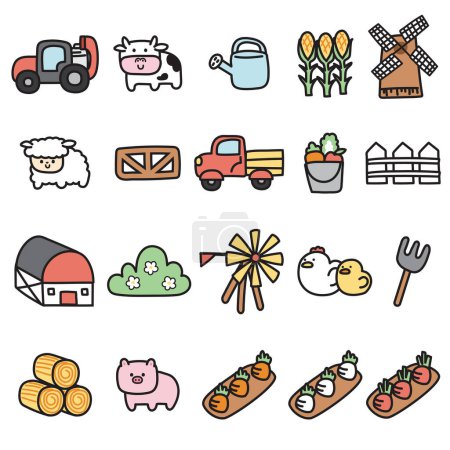 Illustration for Set of cute icon in farm concept.Cartoon graphic design.Animal,fruit,pant hand drawn.Countryside.Isolated.Kawaii.Vector.Illustration. - Royalty Free Image