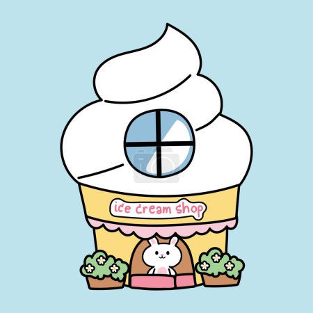 Illustration for Cute rabbit stay in ice cream shop on blue background.Animal cartoon character design.Kawaii.Vector.Illustration. - Royalty Free Image
