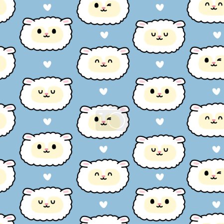 Illustration for Seamless pattern of cute sheep face with tiny heart on blue background.Farm animal character cartoon design.Baby clothing.Kawaii.Vector.Illustration - Royalty Free Image
