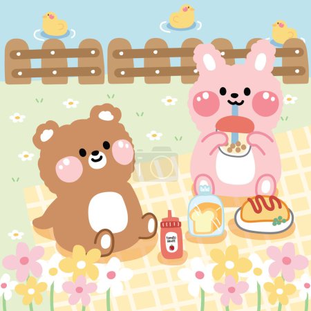 Illustration for Cute teddy rabbit drink bubble milk tea and teddy bear sit picnic on garden background.Wild animal character cartoon desing.Pastel.Kawaii.Vector.Illustration. - Royalty Free Image