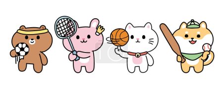 Illustration for Set of cute animal in sport concept on white background.Wild and pet animals cartoon character design.Football,basketball,badminton,baseball.Kawaii.Vector.Illustration. - Royalty Free Image