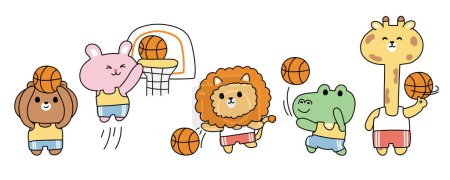 Illustration for Set of cute animals playing basketball on white background.Sport concept.Fun time.Wild animal character cartoon design collection.Bear,rabbit,lion,crocodile,giraffe.Kawaii.Vector.Illustration. - Royalty Free Image