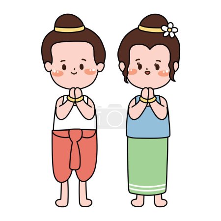 Illustration for Cute Thai kid greeting in asian style cartoon on white background.Asian clothing.Traditional.Vector.Illustration. - Royalty Free Image