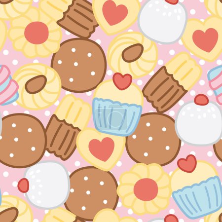 Illustration for Seamless pattern of cute cookies and sweet on pink background.Bakery concept.Dessert hand drawn.Baby graphic.Kawaii.Vector.Illustration. - Royalty Free Image
