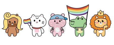 Ilustración de Conjunto de animales lindos en el orgullo mes concept.Love es love.Rainbow bandera. LGPTQ plus.Lion, cocodrilo, conejo, gato, oso dibujado a mano. Kawaii.Vector.Ilustration. - Imagen libre de derechos