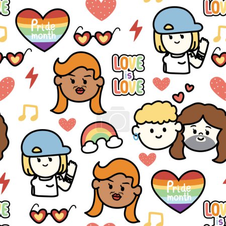 Illustration for Seamless pattern of cute cartoon in pride month concept on white background.Love is love.People in gender diversity.Heart,rainbow,sun glasses hand drawn.Vector.Illustration. - Royalty Free Image