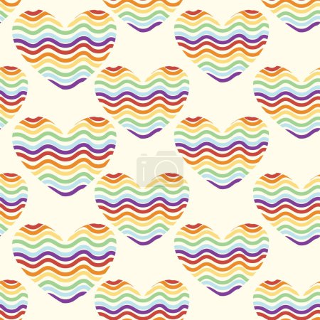 Illustration for Seamless pattern of cute rainbow heart cartoon background in wave shape painted.Image for pride month and Valentines day.Love.Kawaii.Vector.Illustration. - Royalty Free Image