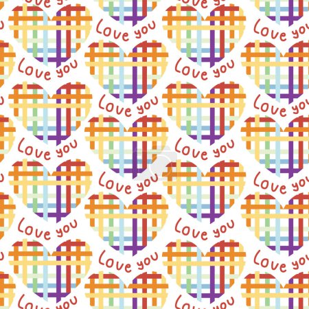 Illustration for Seamless pattern of cute rainbow heart with love you text hand drawn on white background.Image for card,poster,valentines day,pride month.Kawaii.Vector.Illustration. - Royalty Free Image