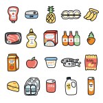 Set of cute cartoon food and product in supermarket shopping concept.Daily consumables.Fruit,meat,beverage,snack,juice hand drawn.Kawaii.Vector.Illustration.