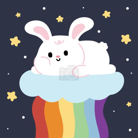 Illustration for Cute rabbit stay on cloud rainbow with star on night sky background.Animal character design.Baby graphic.Kawaii.Vector.Illustration. - Royalty Free Image