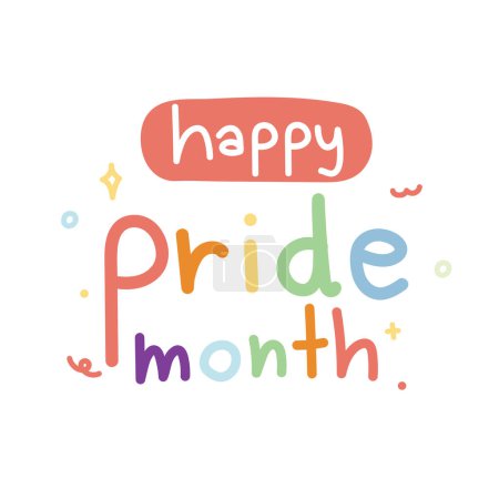 Illustration for Happy pride month with tiny icon rainbow color on white background.Word design.Text hand drawn.Isolated.Vector.Illustration. - Royalty Free Image