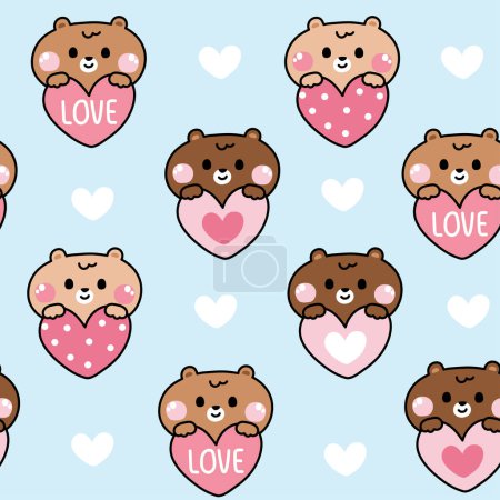 Illustration for Seamless pattern of cute bear with heart on blue background.Wild animal character design.Love.Baby clothing.Kawaii.Vector.Illustration. - Royalty Free Image