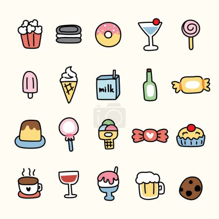 Illustration for Set of cute icon in dessert and beverage concept.Food hand drawn.Ice cream,donut,candy,milk,beer,wine design.Kawaii.Vector.Illustration. - Royalty Free Image