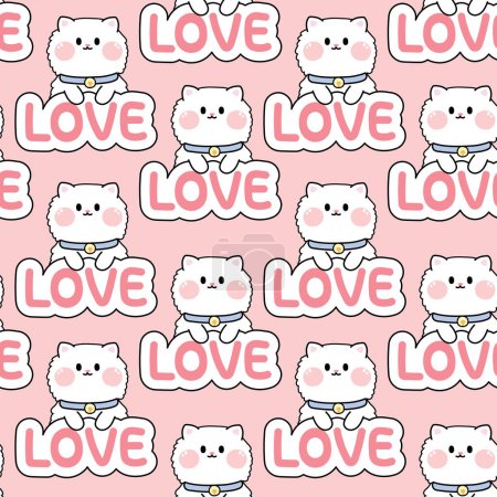 Illustration for Seamless pattern of cute cat cartoon with love text on pink background.Pet animal character design.Meow lover.Image for card,poster,baby clothing,pet shop.Kawaii.Vector.Illustration. - Royalty Free Image