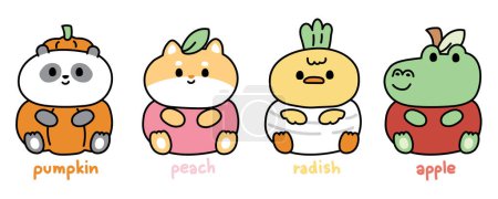 Illustration for Set of cute animals cartoon in fruit and vegetable costume.Wild and farm animal collections.Pet.Panda bear,shiba inu dog,chicken,crocodile hand drawn.Kid graphic.Kawaii.Vector.Illustration. - Royalty Free Image