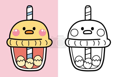 Illustration for Colorting book.Panting book for kid.Cute chicken  egg bubble milk tea cup hand drawn.Farm animal.Baby cartoon.Bird.Outline.Clipart.School.Kawaii.Vector.Illustration. - Royalty Free Image