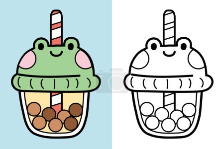 Illustration for Colorting book.Panting book for kid.Cute frog bubble milk tea cup hand drawn.Baby cartoon.Outline.Clipart.School.Kawaii.Vector.Illustration. - Royalty Free Image