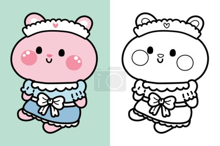 Illustration for Colorting book.Panting book for kid.Cute rabbit doll sitting and wear cute dress cartoon.Wild animal hand drawn.Toy.Baby graphic.Outline.Clipart.School.Kawaii.Vector.Illustration. - Royalty Free Image