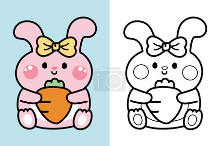 Colorting book.Panting book for kid.Cute rabbit doll wear bow sitting and hold big carrot cartoon.Wild animal hand drawn.Toy.Baby graphic.Outline.Clipart.School.Easter day.Kawaii.Vector.Illustration.