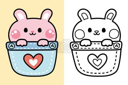 Illustration for Colorting book.Panting book for kid.Cute rabbit stay in pocket cartoon.Pet animal hand drawn.Baby graphic.Easter day.Bunny.Outline.Clipart.School.Kawaii.Vector.Illustration. - Royalty Free Image