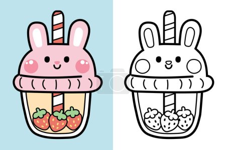Colorting book.Panting book for kid.Cute rabbit strawberry bubble milk tea cup hand drawn.Wild animal.Baby cartoon.Bunny.Outline.Clipart.School.Kawaii.Vector.Illustration.