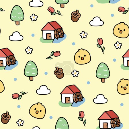 Illustration for Seamless pattern of cute chicken face with farm icon cartoon on yellow background.Farm animal.House,tree,flower,cloud hand drawn.Kawaii.Vector.Illustration. - Royalty Free Image