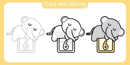 Trace and coloring page for kid.Painted book.Cute elephant sleep with number six on box cartoon on white background.Wild animal hand drawn.Student.School.Kawaii.Vector.Illustration.