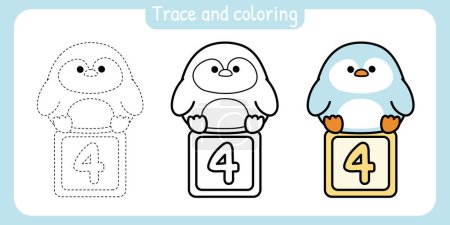 Illustration for Trace and coloring page for kid.Painted book.Cute penguin with number four on box cartoon sit on white background.Animal hand drawn.Student.School.Kawaii.Vector.Illustration. - Royalty Free Image