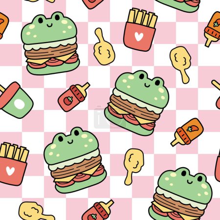 Seamless pattern of cute frog hamburger background.Fried chicken,fresh fries,tomato sauce,spicy sauce hand drawn.kawaii.Vector.Illustration.