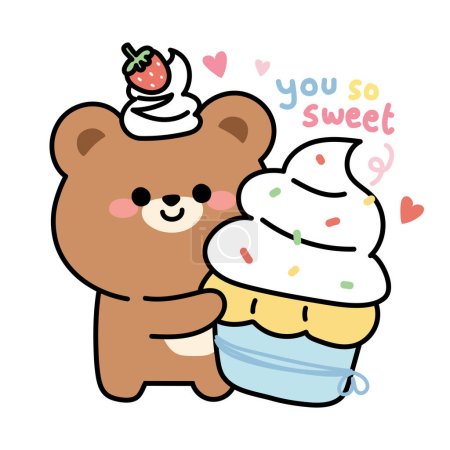 Cute whipping cream strawberry on head of teddy bear.Wild animal hold big cup cake.Sweet,dessert,cake hand drawn.Kawaii.Vector.Illustration.