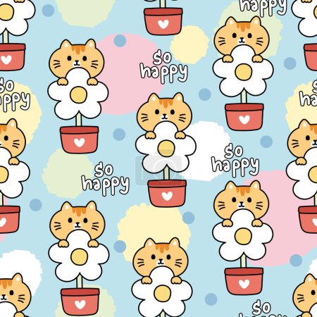 Illustration for Seamless pattern of cute cat stay on flower with so happy text background.Pet animal character design.Meow lover.Baby clothing.Kawaii.Vector.Illustration. - Royalty Free Image