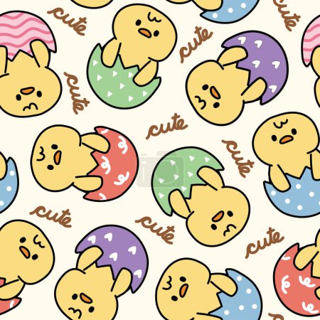 Illustration for Seamless pattern of cute chick in egg background.Farm animal character design.Image for card,poster,baby clothing.Kawaii.Vector.Illustration. - Royalty Free Image