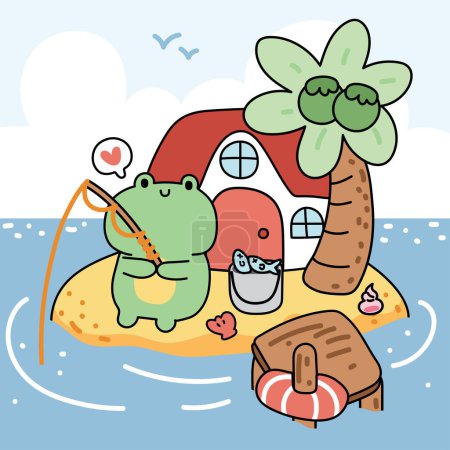 Illustration for Cute frog sit and fishing on island sea beach background.Reptile animal character cartoon design.Summer concept.Kawaii.Vector.Illustration. - Royalty Free Image