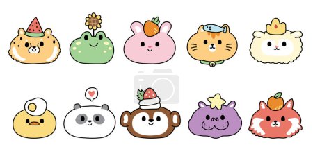 Set of cute head animals with tiny icon on head.Animal character cartoon design.Wild,farm,pet hand drawn.Face collection.Kawaii.Vector.Illustration.