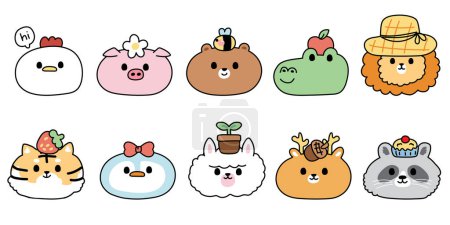Illustration for Set of cute smile face animals with tiny icon on head.Animal character cartoon design.Wild,farm,pet,bird hand drawn.Face collection.Kawaii.Vector.Illustration - Royalty Free Image