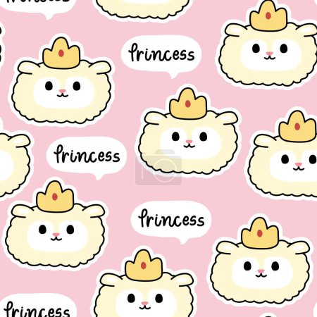 Illustration for Seamless pattern of cute sheep head wear crown with princess on pink background.Farm animal face cartoon hand drawn.Kawaii.Vector.Illustration. - Royalty Free Image