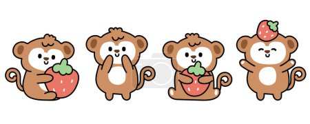 Ilustración de Conjunto de mono lindo con fresa en varias poses dibujado a mano de dibujos animales.Diseño de personajes de animales silvestre.Kawaii.Vector.Illustration. - Imagen libre de derechos