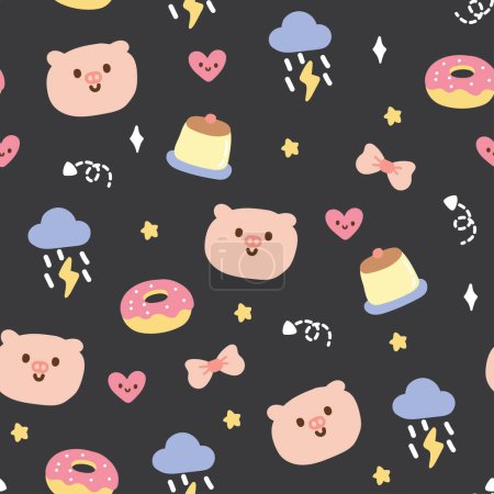Illustration for Seamless pattern of cute face pig with tiny icon on black background.farm animal.Donut,cloud,rain,pudding,bow hand drawn.Baby clothing.Kawaii.Vector.Illustration - Royalty Free Image