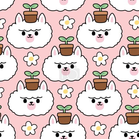 Illustration for Seamless pattern of cute sheep face with flower on pink background.Farm animal character design.Kawaii.Vector.Illustration. - Royalty Free Image