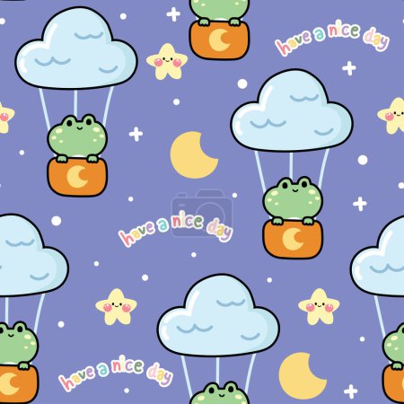 Illustration for Seamless pattern of cute animal with flower and cloud on pastel color background.Wild and reptile animal face hand drawn.Baby clothing.Rabbit,frog,chick,penguin hand drawn.Kawaii.Vector.Illustration. - Royalty Free Image