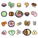 Set of cute food icon shabu cartoon.Asian food hand drawn.Meal.Buffet.Vegetable,sauce,meat,soup.Kawaii.Vector.Illustration.