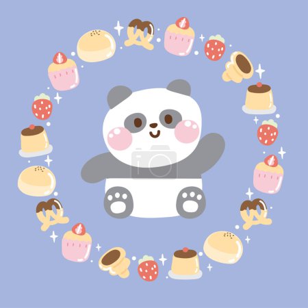 Illustration for Cute panda bear sit in circle icon tiny frame cartoon hand drawn.Logo.Pastel color.Wild animal.Cake,strawberry,pudding,chocolate.Kawaii.Vector.Illustration. - Royalty Free Image