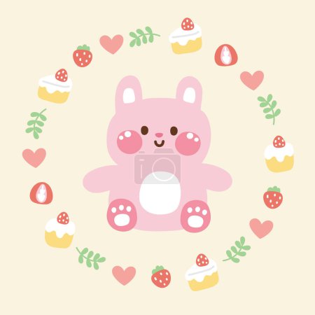 Illustration for Cute rabbit sit in circle icon tiny frame cartoon hand drawn.Floral frame.Logo.Pastel color.Bakery,cake,sweet,strawberry.Bunny.Kawaii.Vector.Illustration. - Royalty Free Image